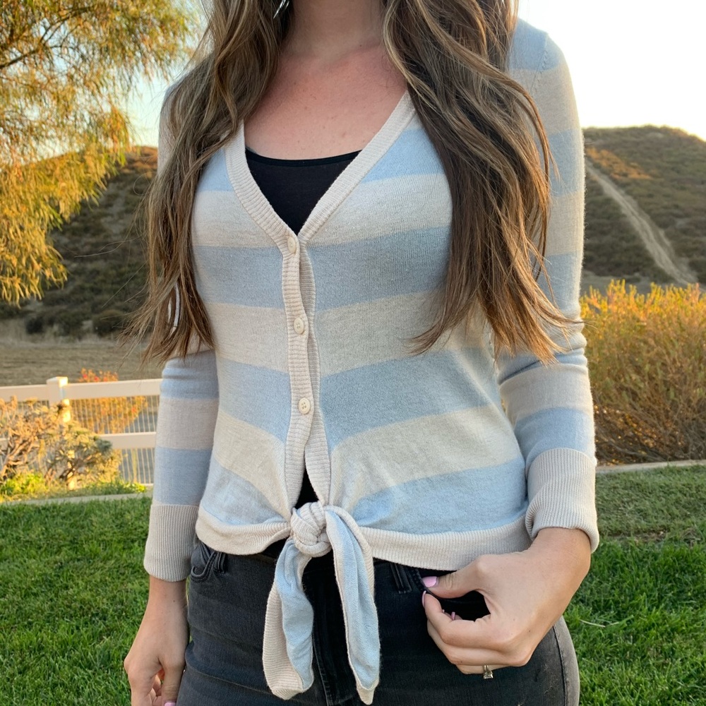 27 Miles Cashmere Silk Striped Button Down Cardigan Tie Front Sweater S